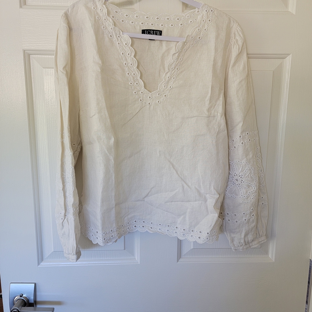 J. Crew Women's Cream Lace Linen Eyelet Trim Top
